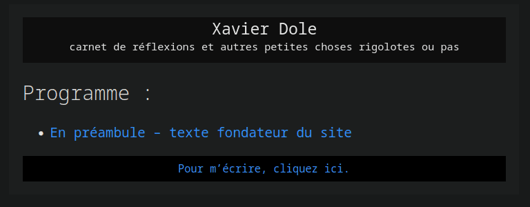 Pase d’accueil de mon petit site, pas pressé d’être rempli.